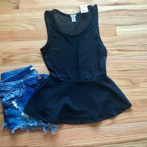 NWT Sleeveless Black Mesh Peplum Top - Medium